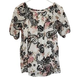 1318 * Retrology Velvet Paisly Floral Blouse Black White Pink Size S